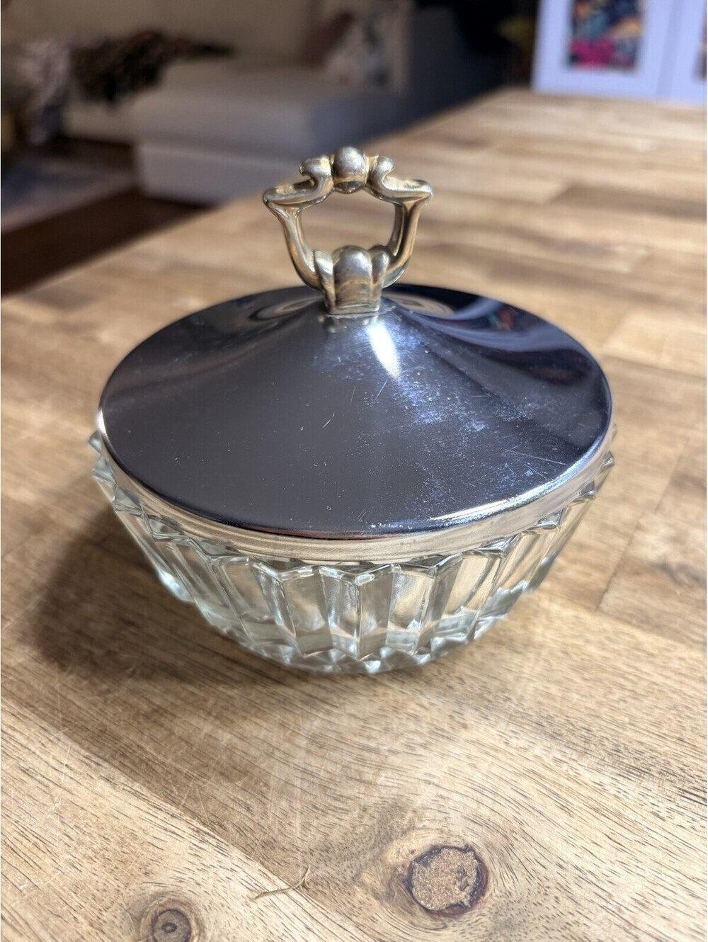 CUT GLASS POWDER JAR DISH American Brilliant Period Chrome Lid With Gold